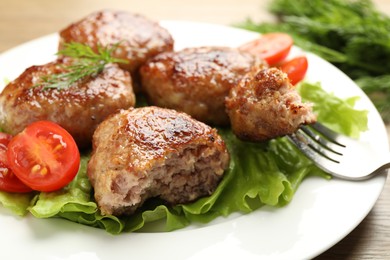 Photo of Delicious patties, tomato, dill and lettuce on table, closeup