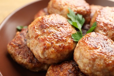 Photo of Delicious patties with parsley on plate, closeup