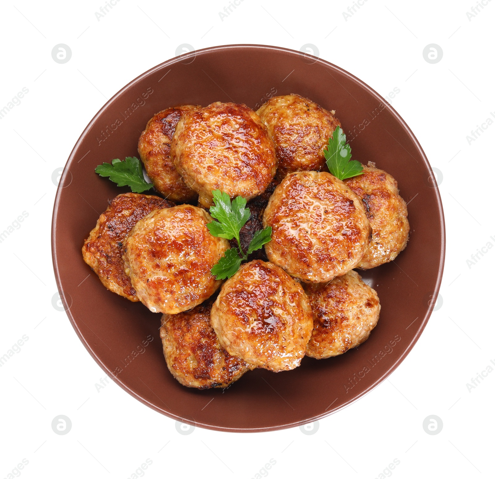 Photo of Delicious patties with parsley isolated on white, top view