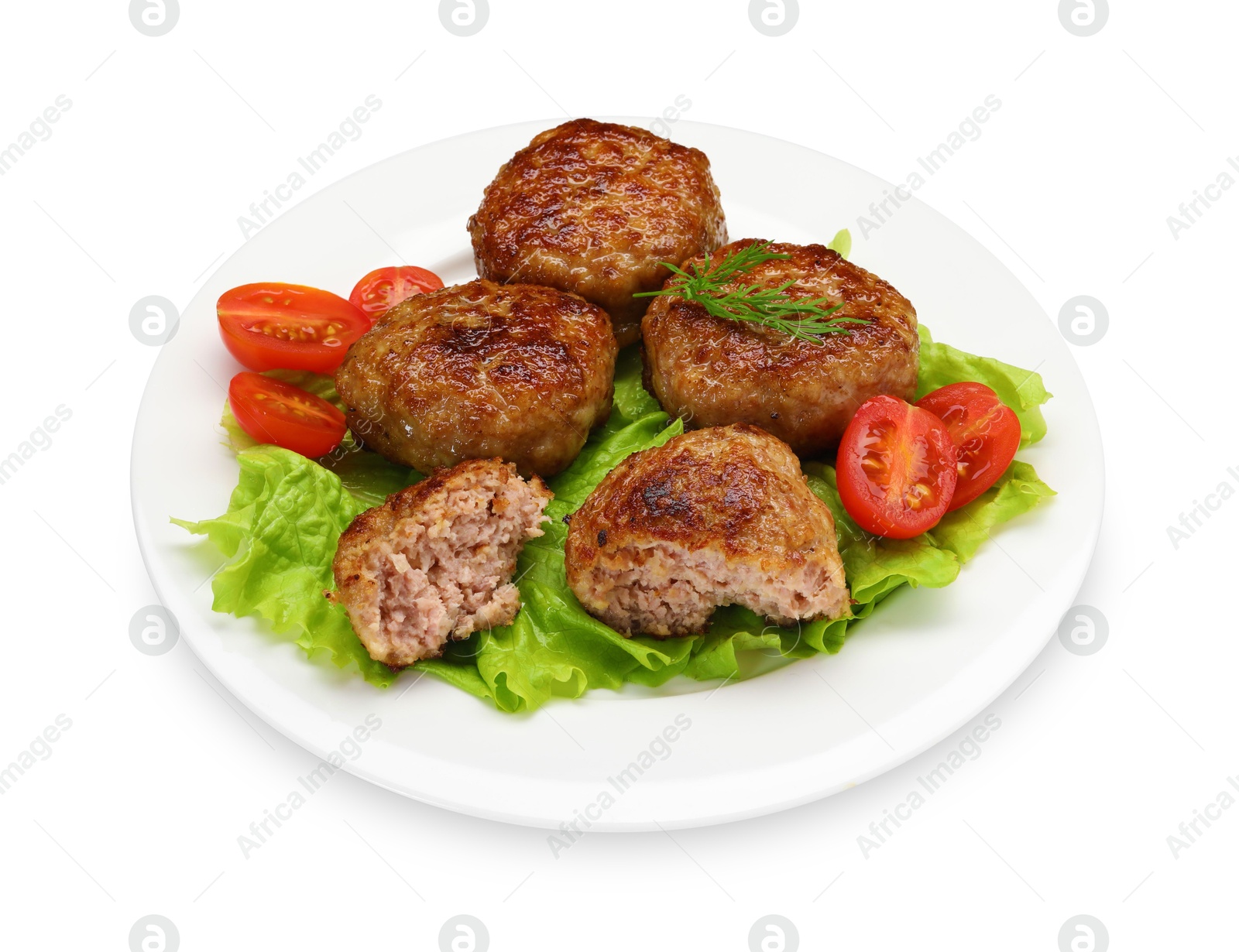 Photo of Delicious patties, dill, tomatoes and lettuce isolated on white