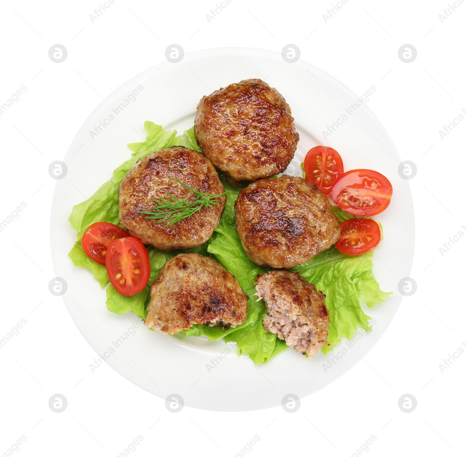 Photo of Delicious patties, dill, tomatoes and lettuce isolated on white, top view