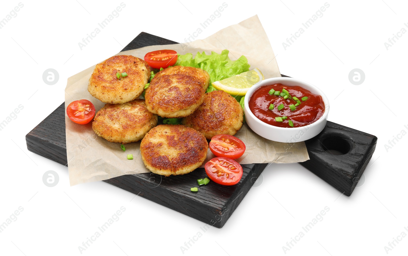 Photo of Delicious patties with green onions, tomatoes and ketchup isolated on white