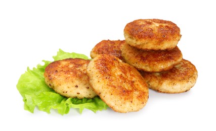 Photo of Delicious patties and lettuce isolated on white