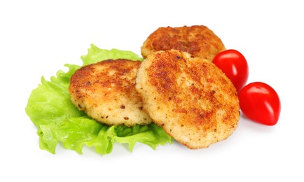 Photo of Delicious patties, tomatoes and lettuce isolated on white