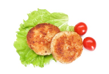 Photo of Delicious patties, tomatoes and lettuce isolated on white, top view