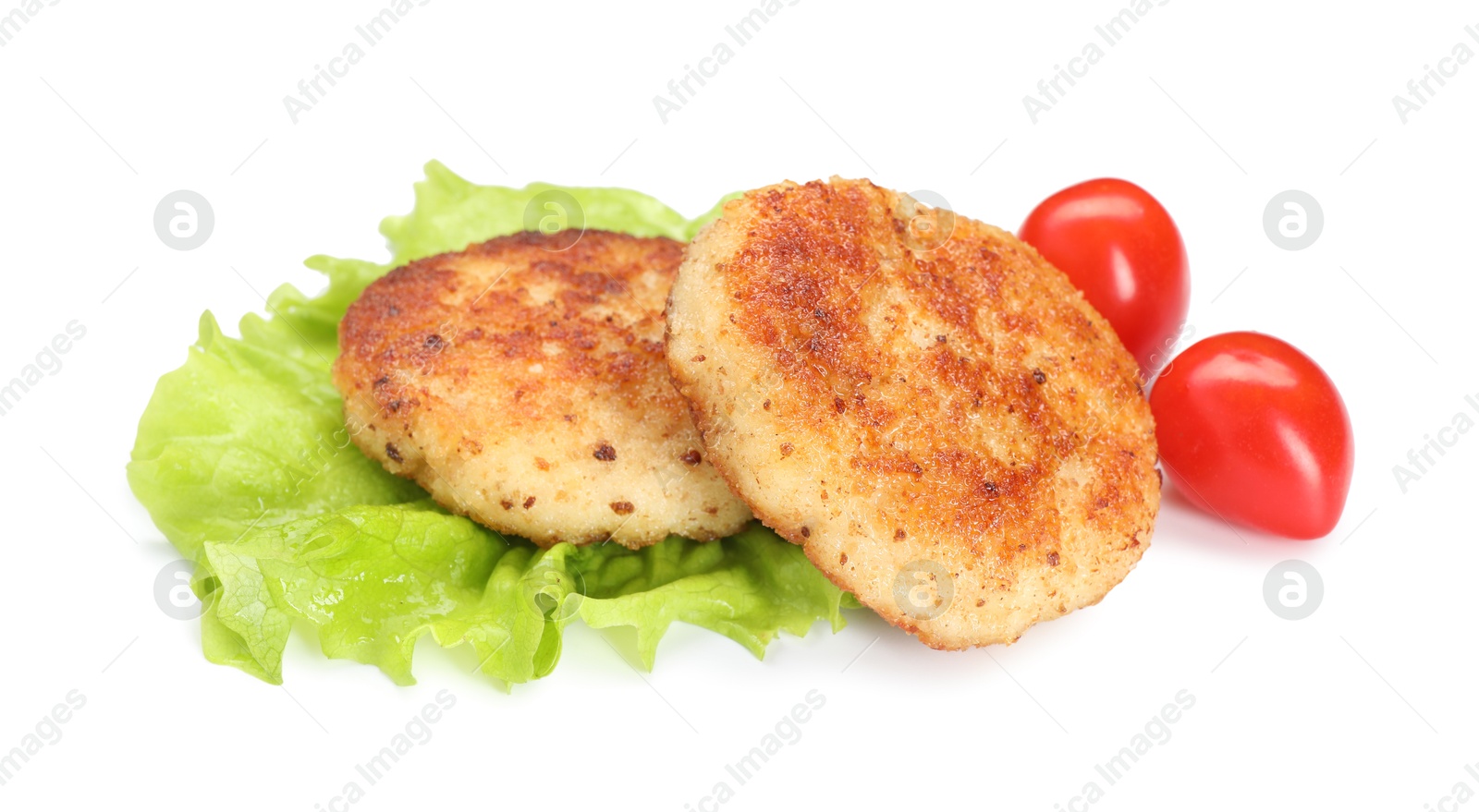 Photo of Delicious patties, tomatoes and lettuce isolated on white