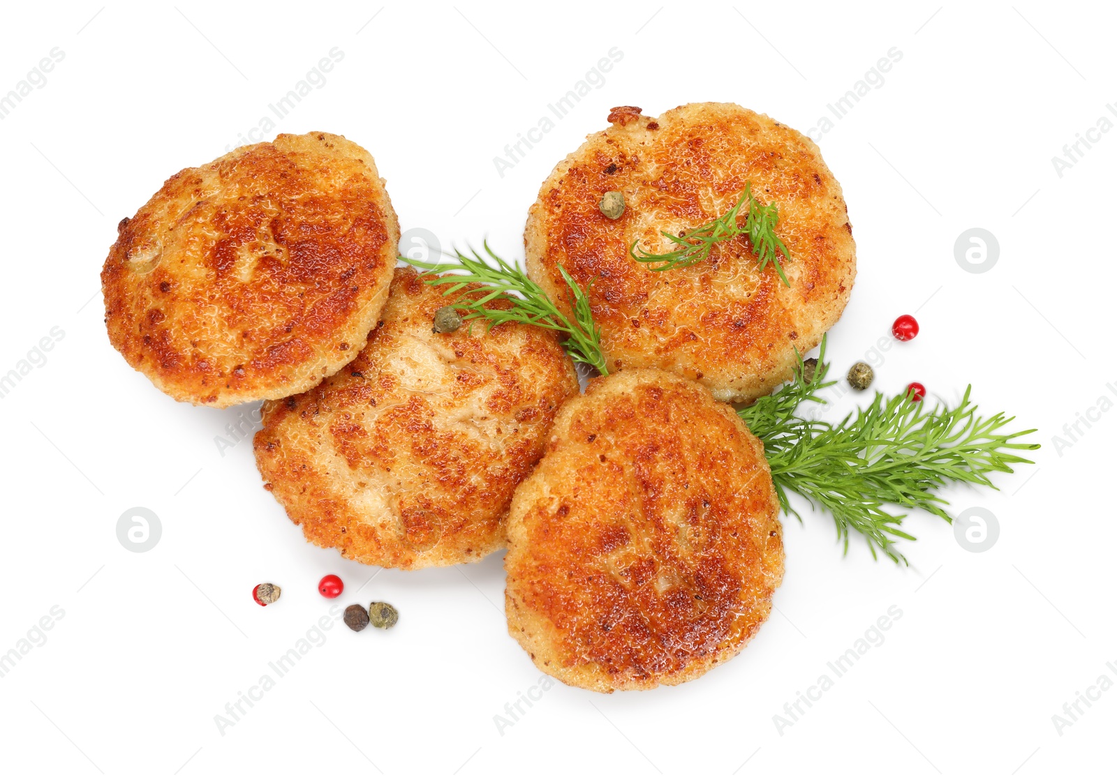 Photo of Delicious patties and spices isolated on white, top view