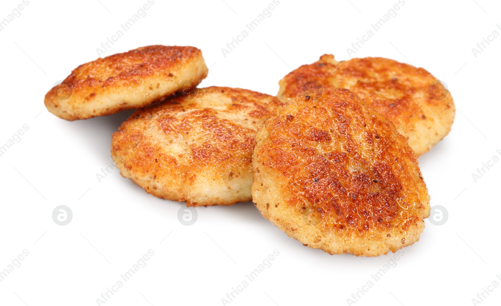 Photo of Many delicious roasted patties isolated on white