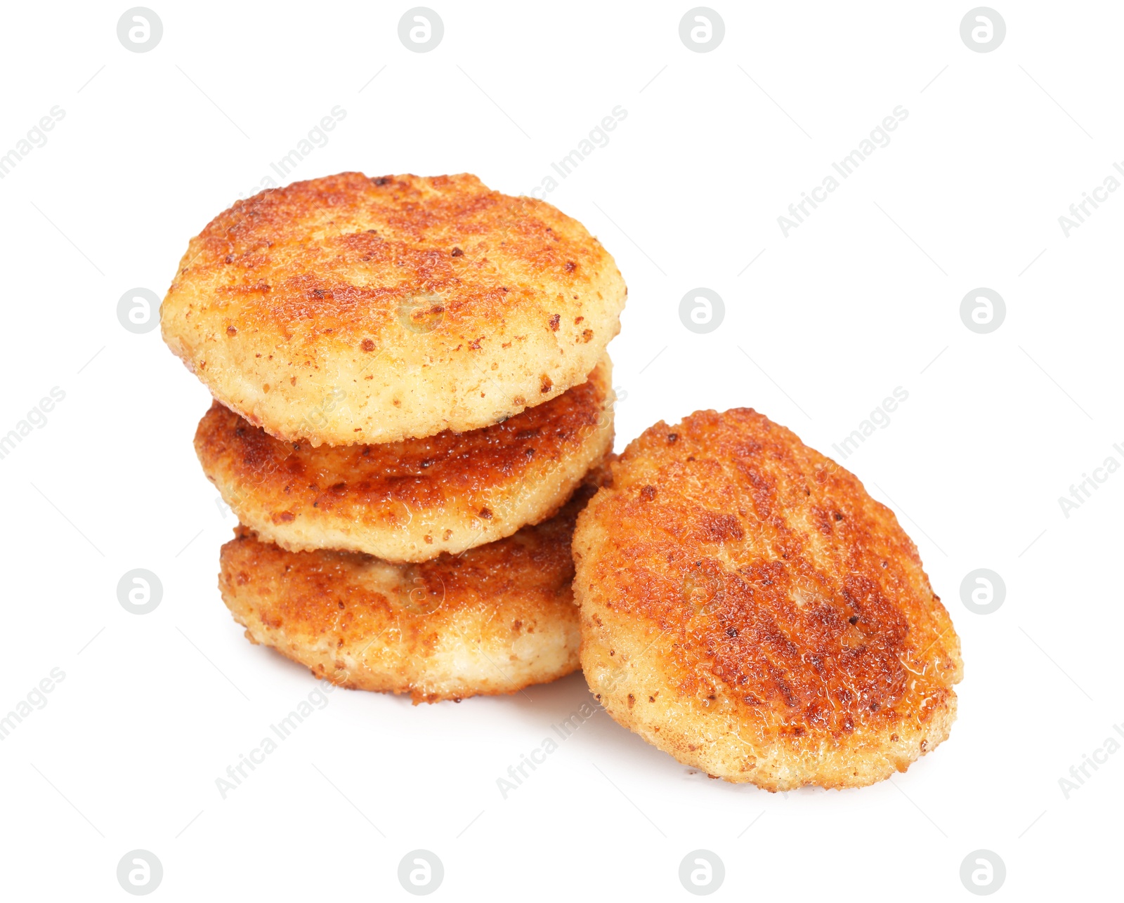 Photo of Many delicious roasted patties isolated on white