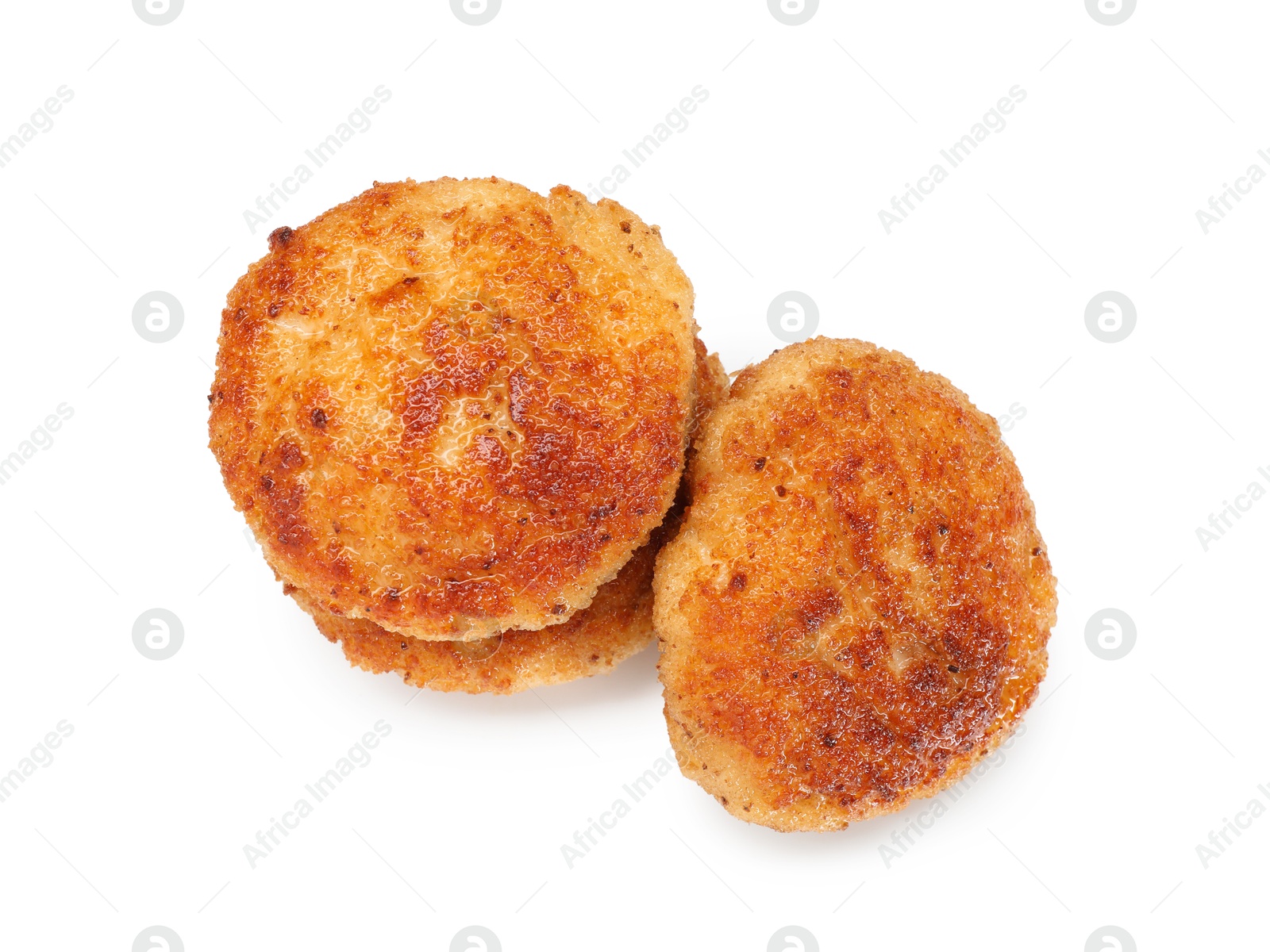 Photo of Three delicious roasted patties isolated on white, top view