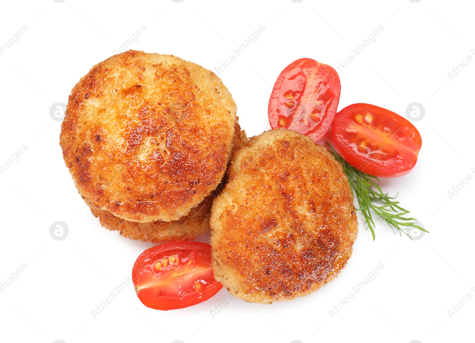 Photo of Delicious patties, tomato and dill isolated on white, top view