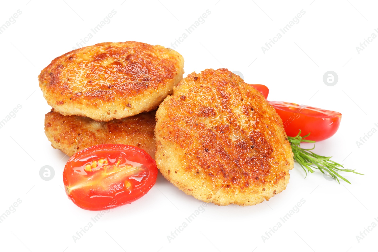 Photo of Delicious patties, tomato and dill isolated on white