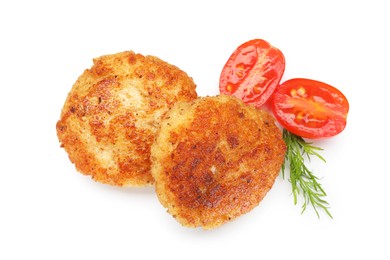 Photo of Delicious patties, tomato and dill isolated on white, top view