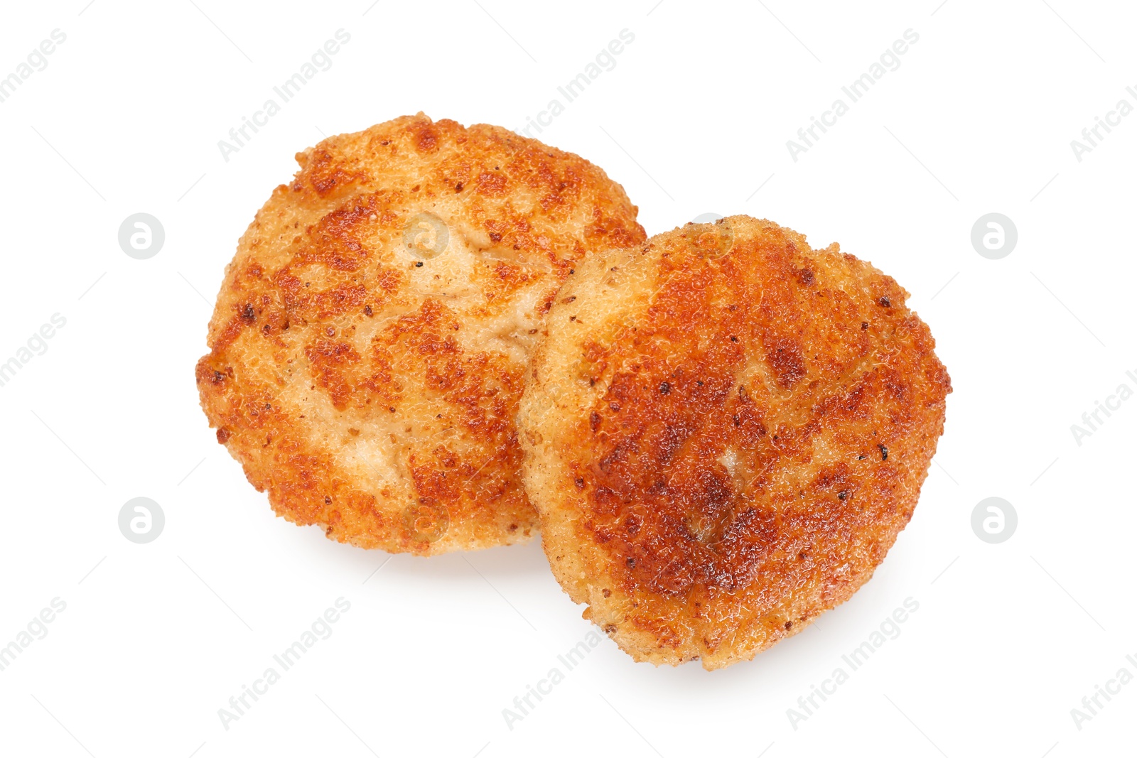 Photo of Two delicious roasted patties isolated on white, top view