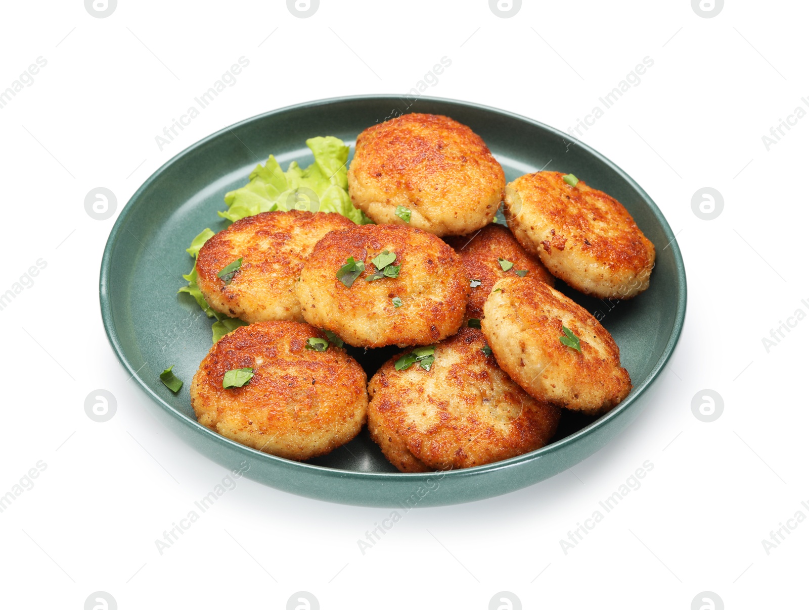 Photo of Many delicious patties, parsley and lettuce isolated on white