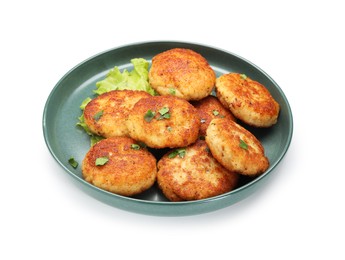 Photo of Many delicious patties, parsley and lettuce isolated on white