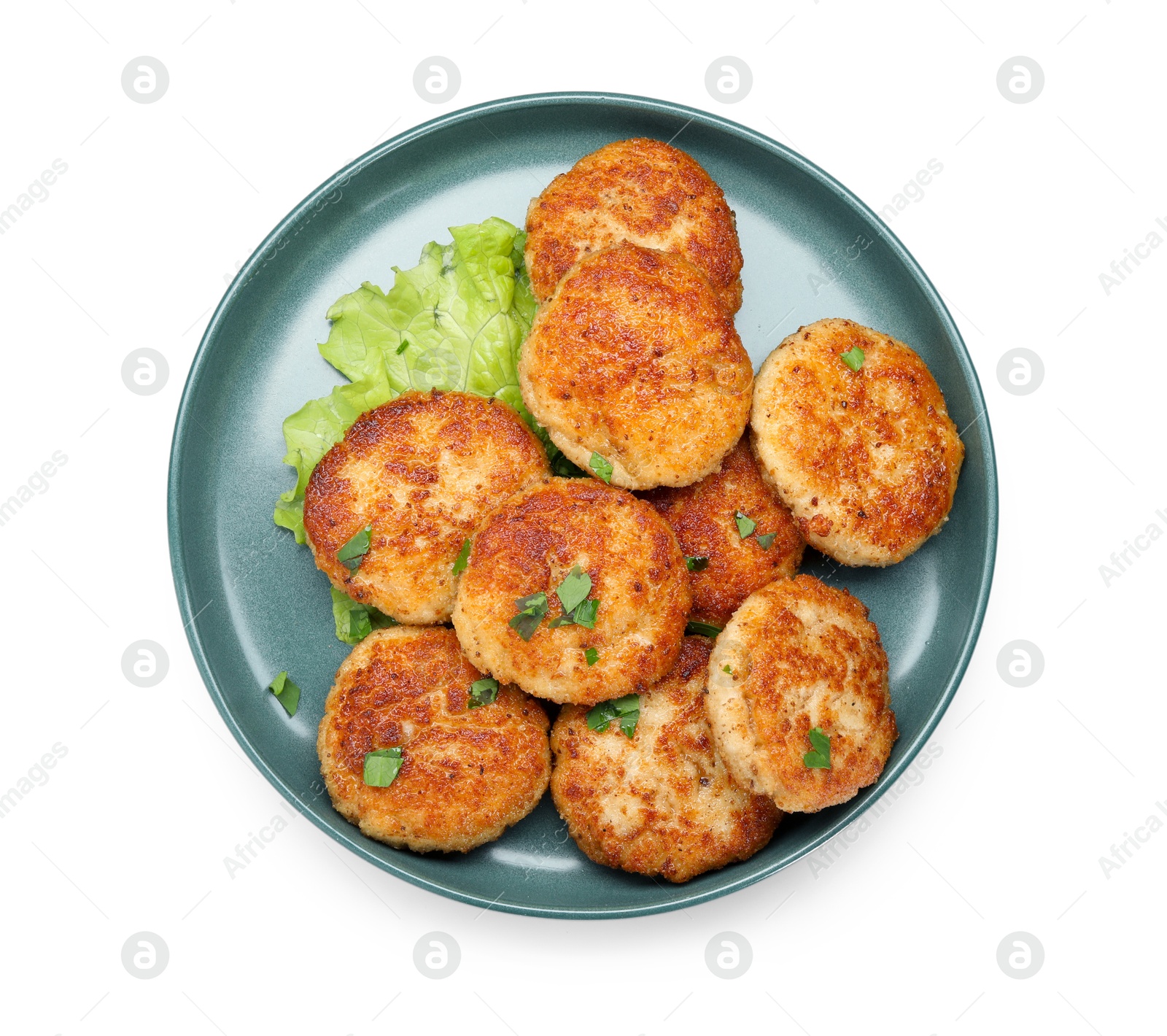 Photo of Many delicious patties, parsley and lettuce isolated on white, top view