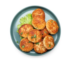 Photo of Many delicious patties, parsley and lettuce isolated on white, top view