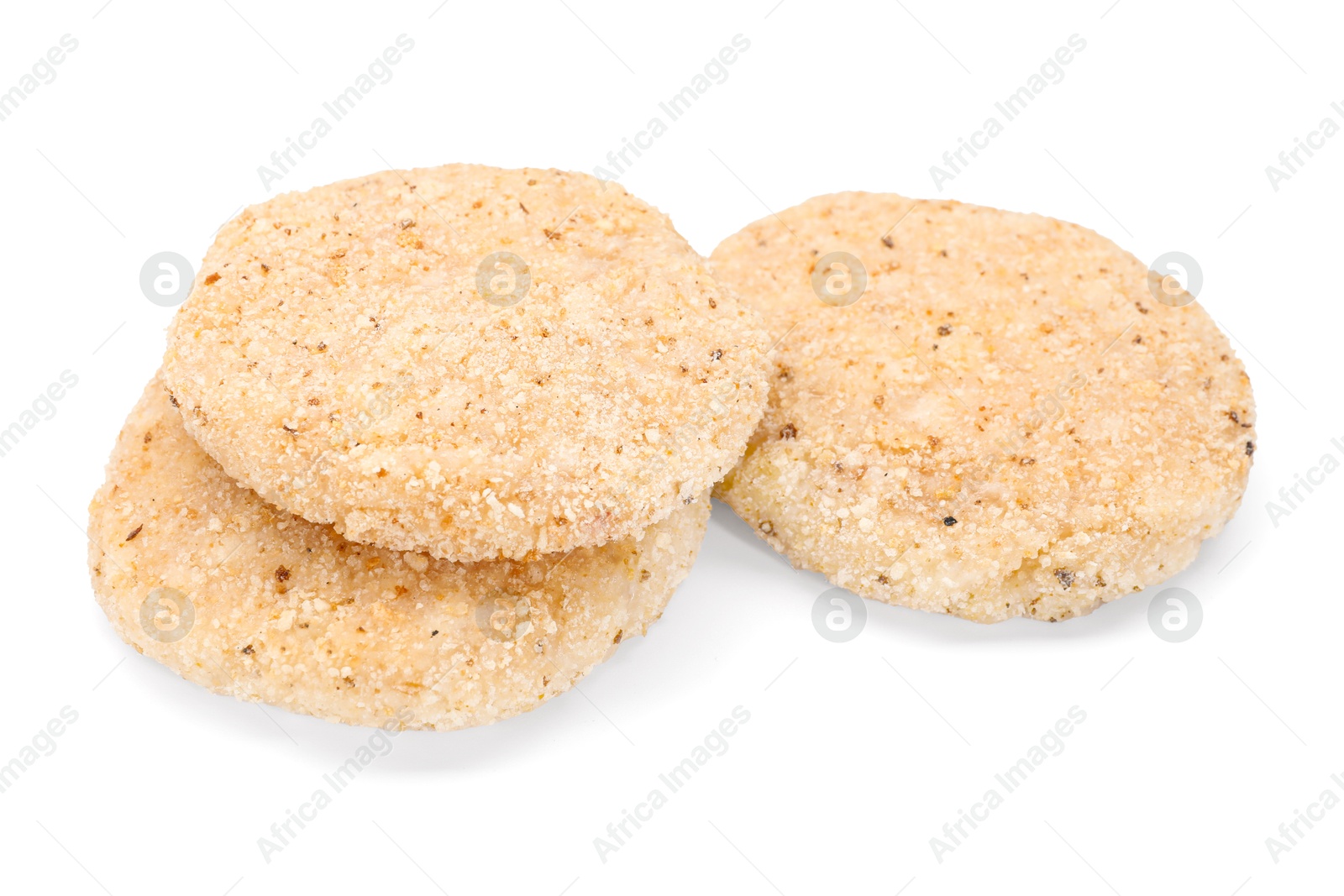 Photo of Three uncooked fresh patties isolated on white