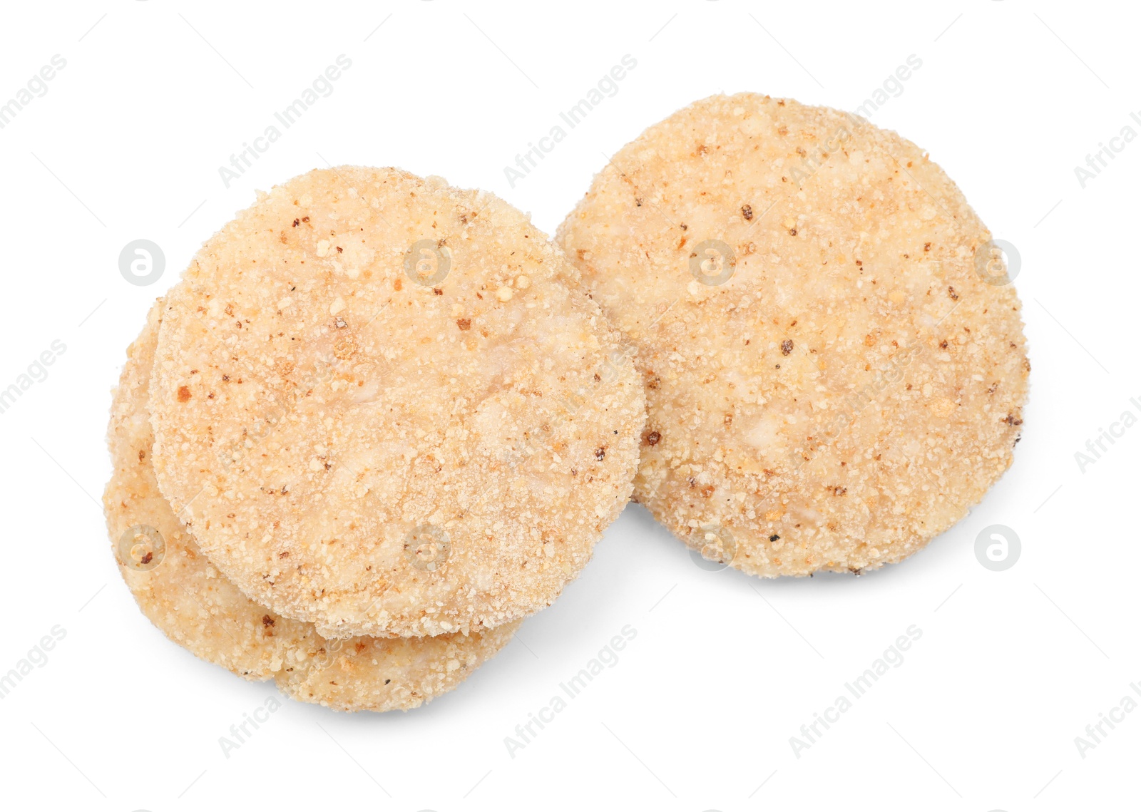 Photo of Three uncooked fresh patties isolated on white, top view