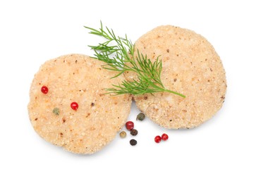 Photo of Uncooked patties and spices isolated on white, top view