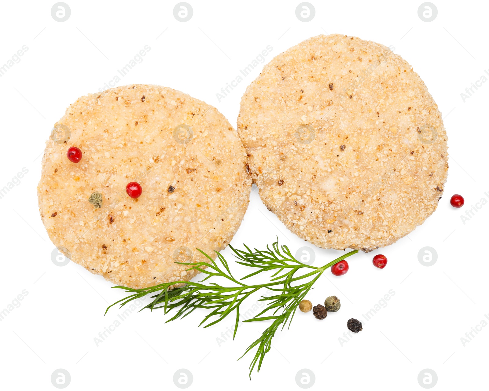 Photo of Uncooked patties and spices isolated on white, top view