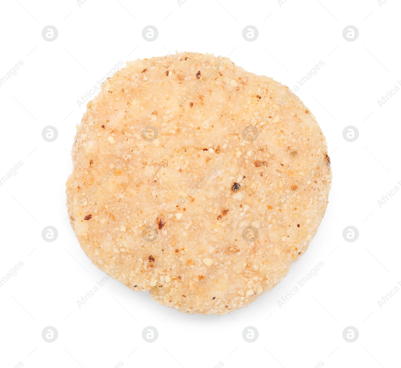 Photo of One uncooked fresh patty isolated on white, top view