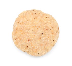 Photo of One uncooked fresh patty isolated on white, top view