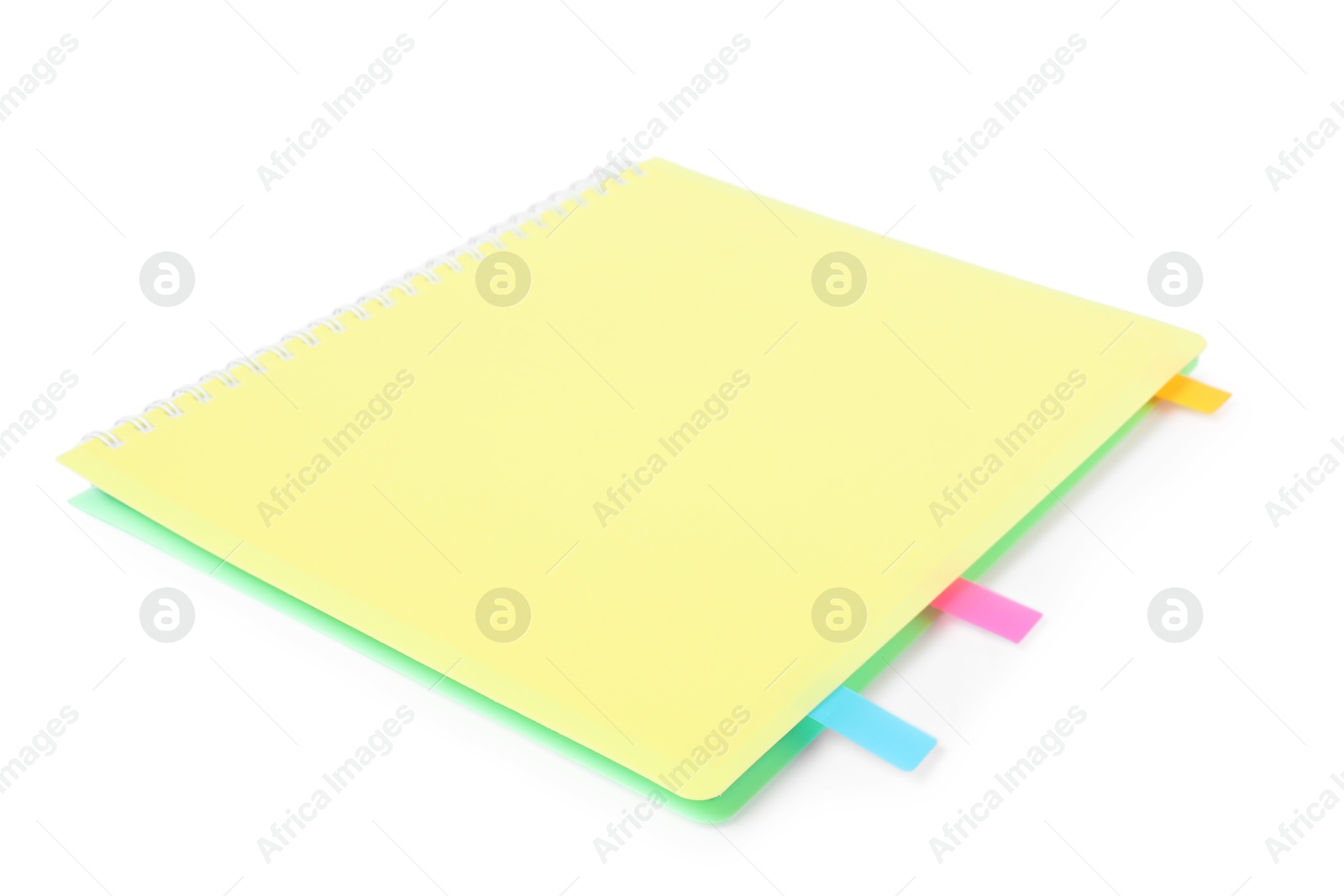 Photo of Notebook with colorful tabs isolated on white