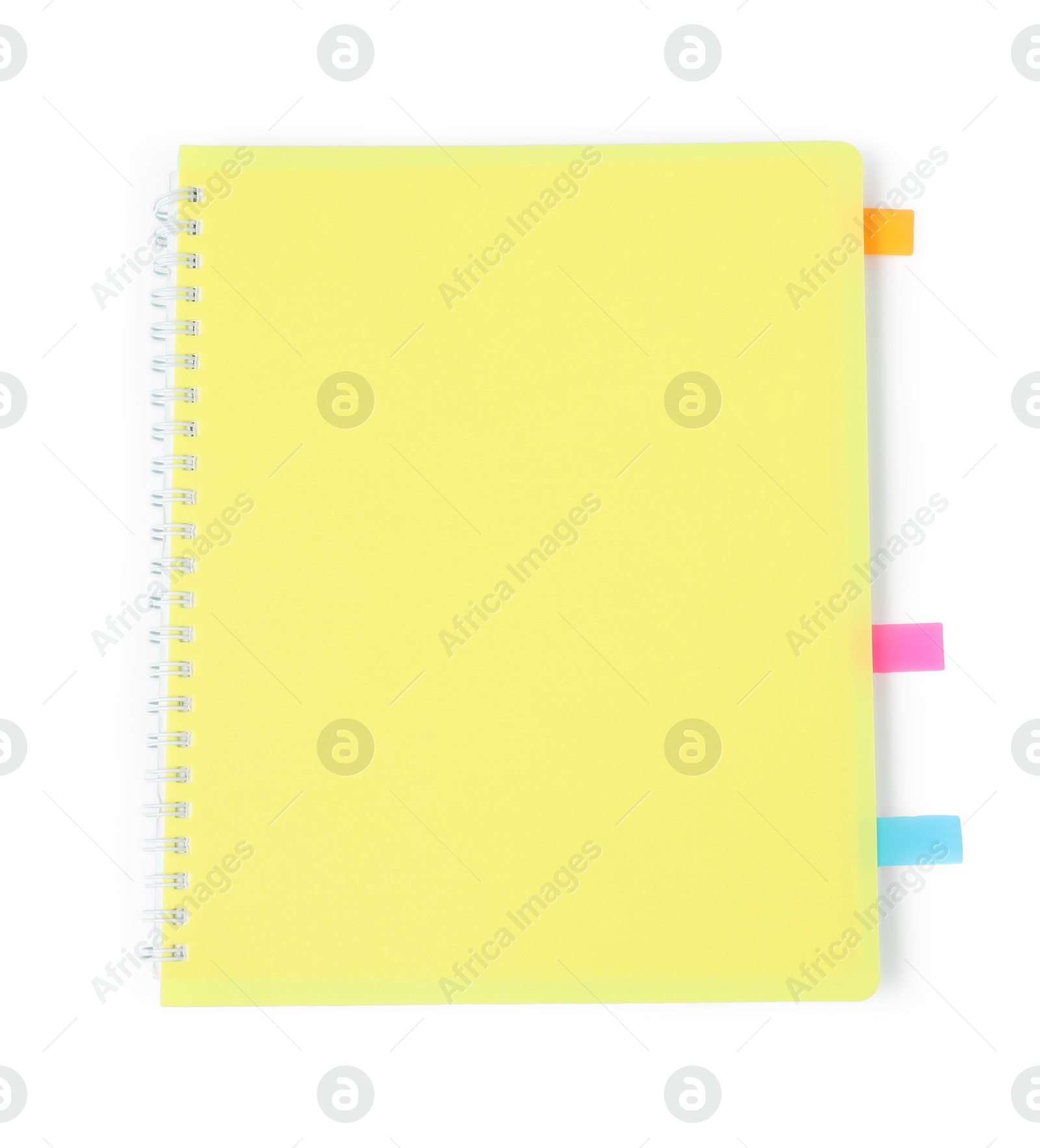 Photo of Notebook with colorful tabs isolated on white, top view