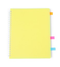 Photo of Notebook with colorful tabs isolated on white, top view