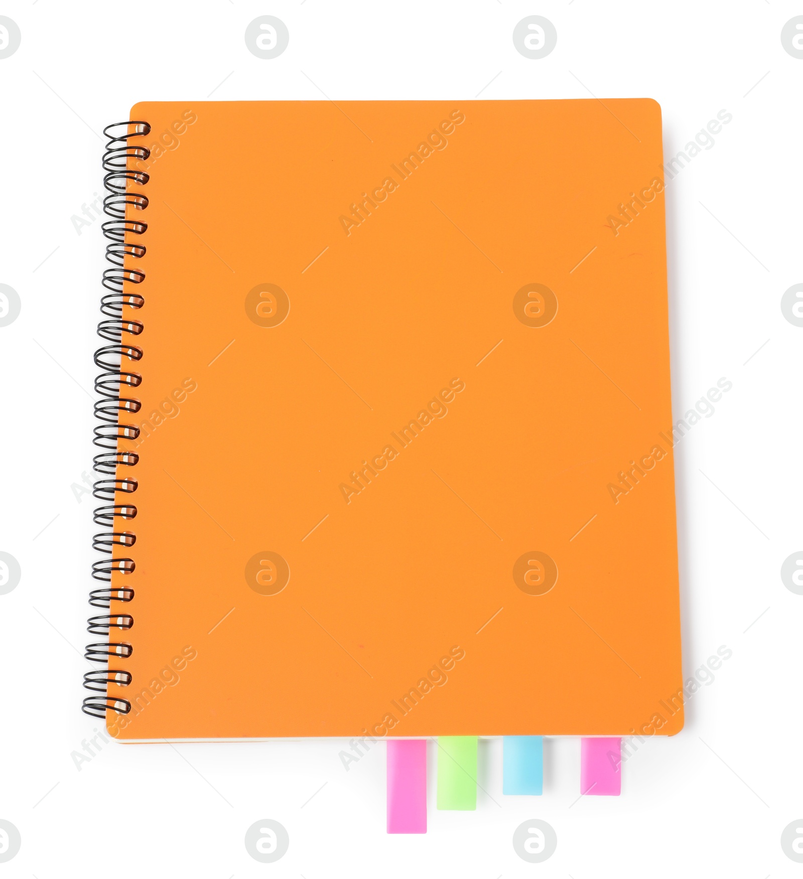 Photo of Notebook with colorful tabs isolated on white, top view