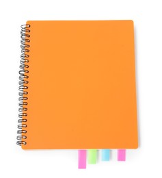 Photo of Notebook with colorful tabs isolated on white, top view