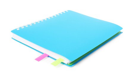 Photo of Notebook with colorful tabs isolated on white