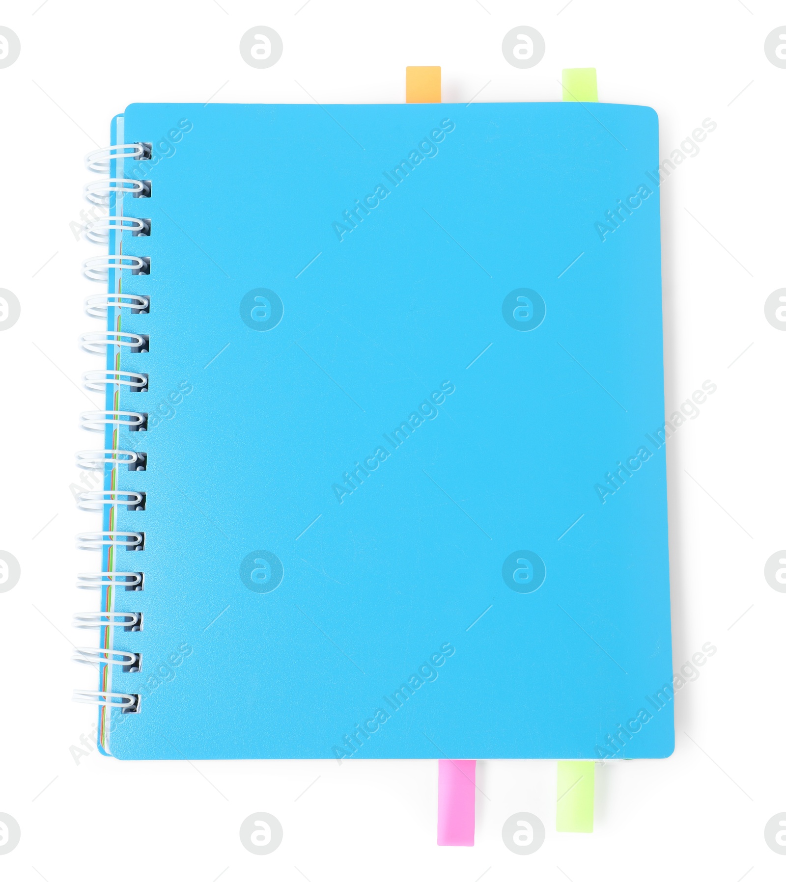 Photo of Notebook with colorful tabs isolated on white, top view