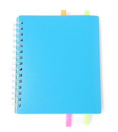 Photo of Notebook with colorful tabs isolated on white, top view