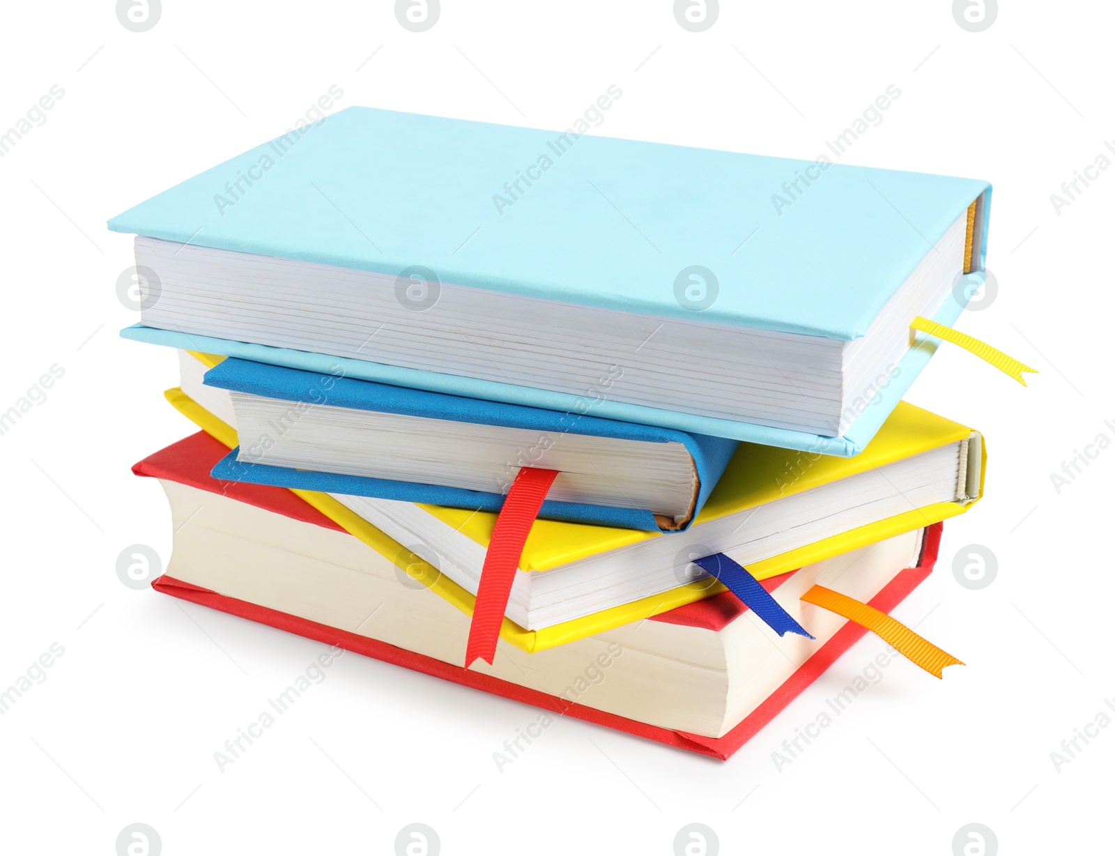 Photo of Books with ribbon bookmarks isolated on white