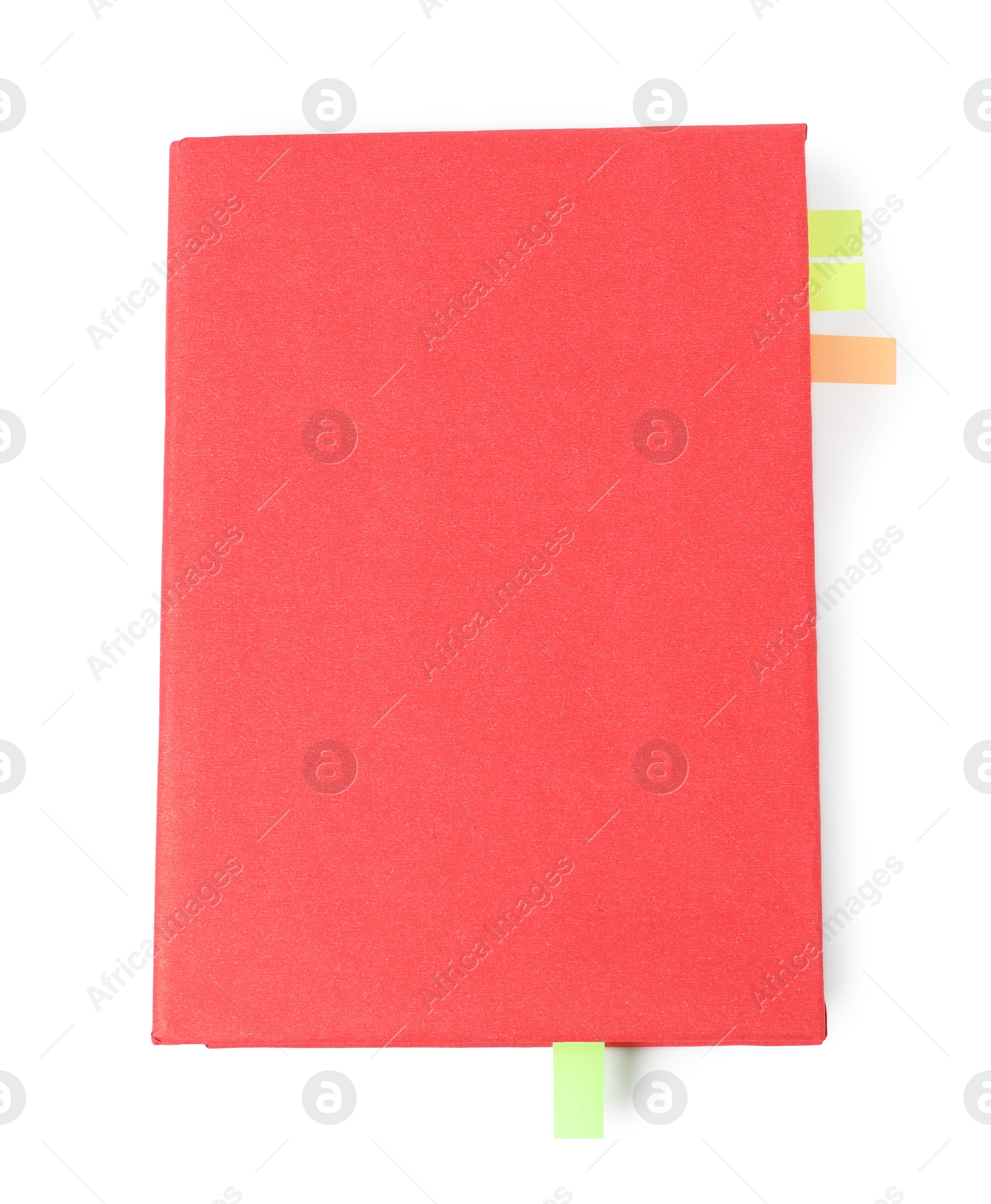 Photo of Book with colorful tabs isolated on white, top view