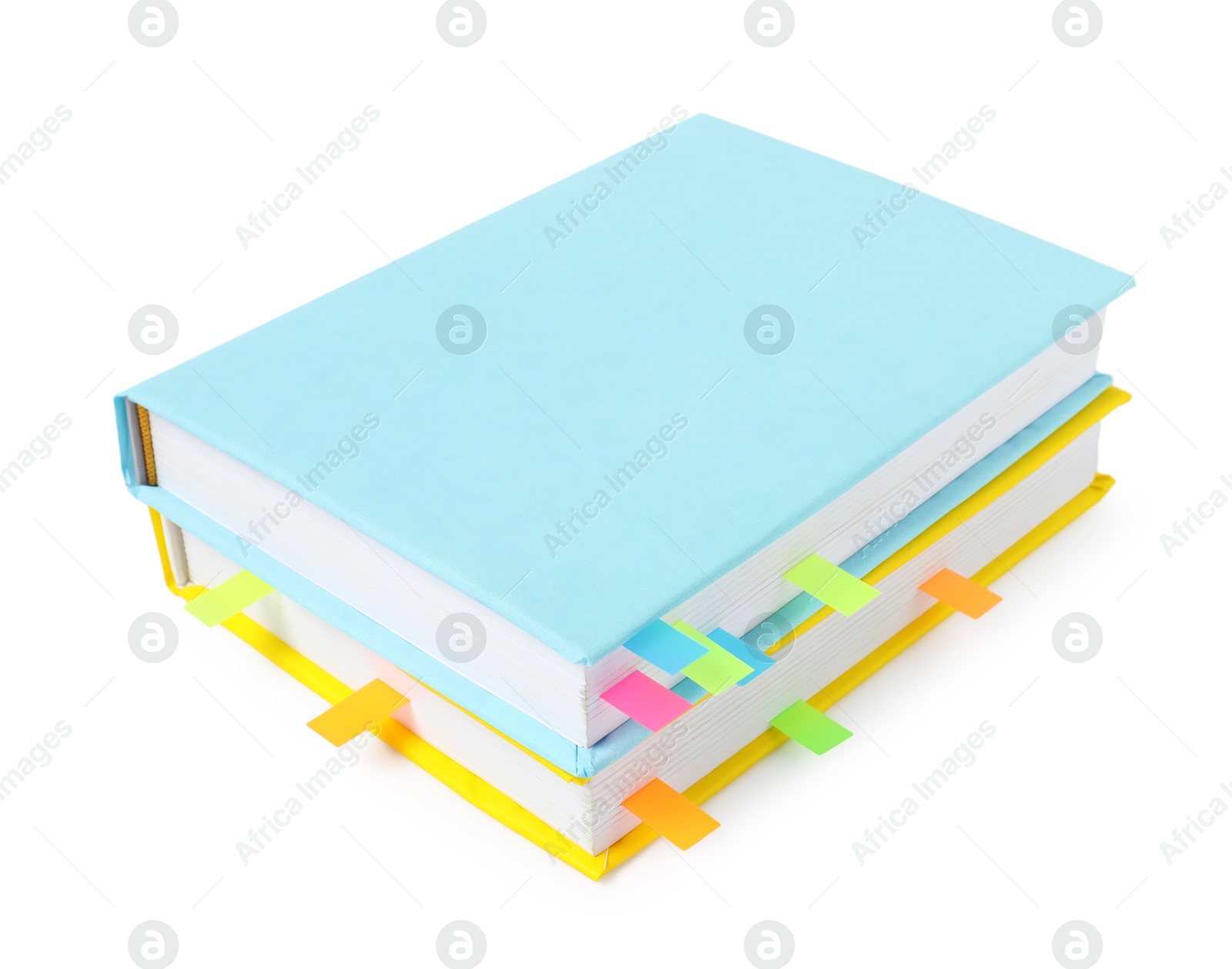 Photo of Books with colorful tabs isolated on white