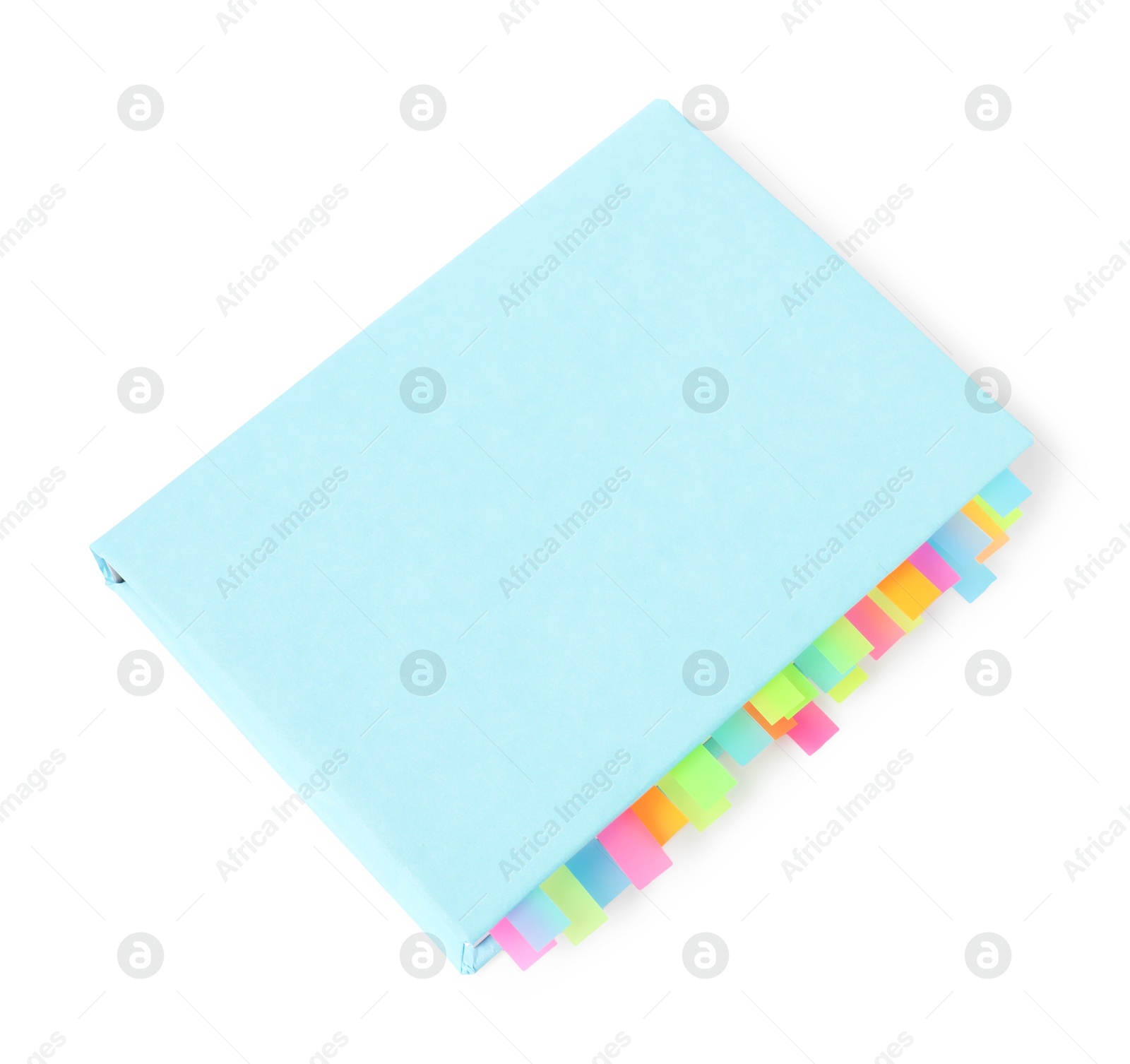 Photo of Book with colorful tabs isolated on white, top view