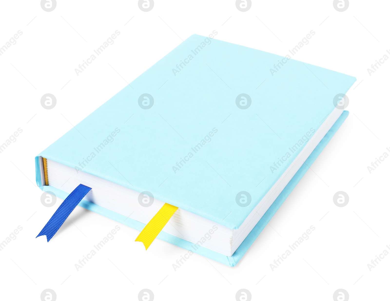 Photo of Book with ribbon bookmarks isolated on white