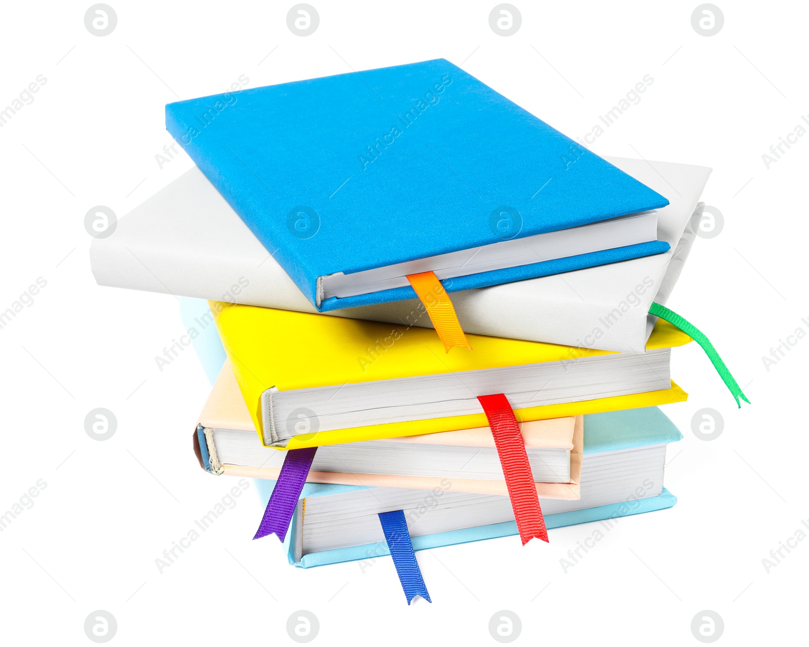 Photo of Books with ribbon bookmarks isolated on white