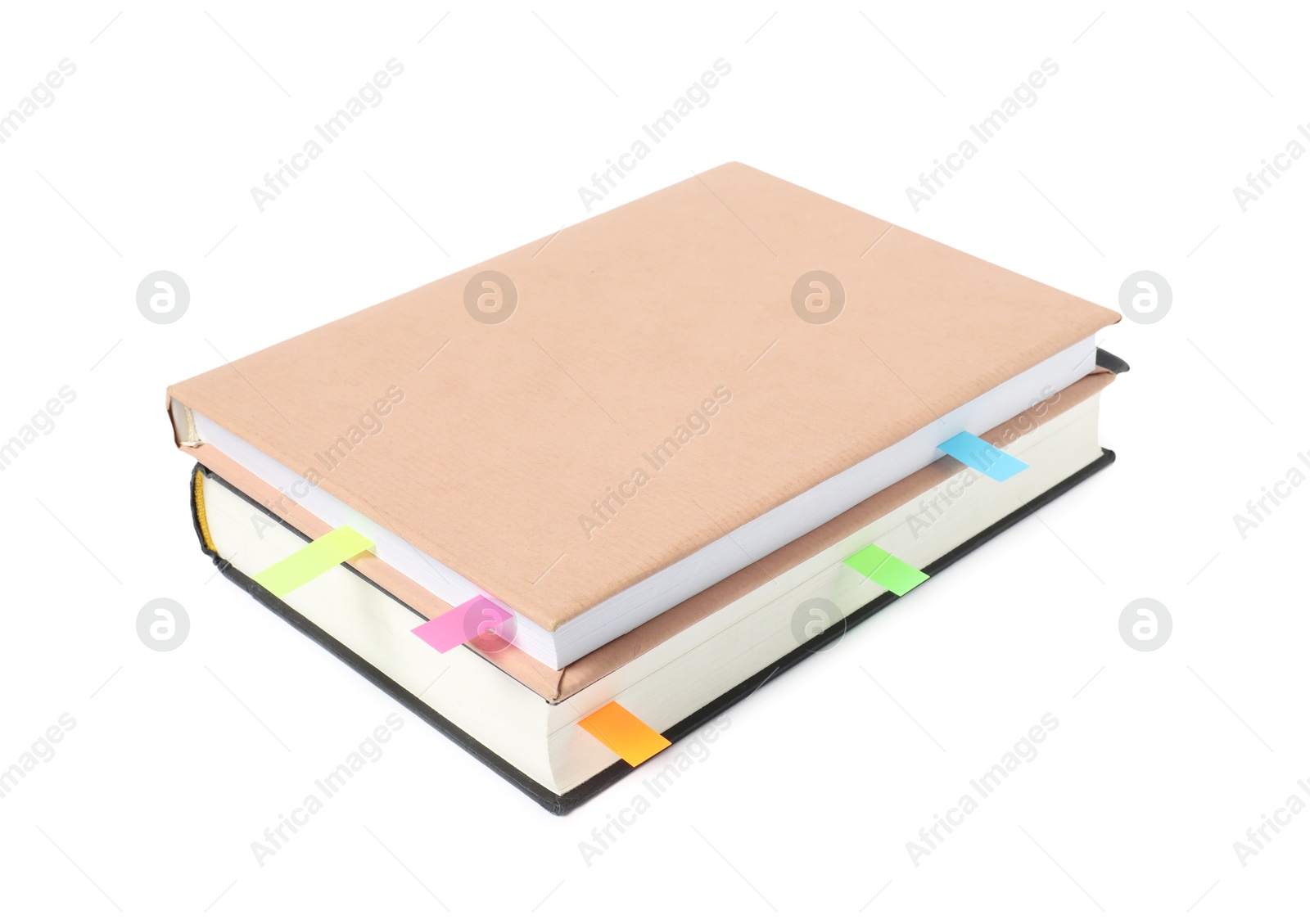 Photo of Books with colorful tabs isolated on white