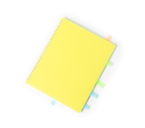 Photo of Notebook with colorful tabs isolated on white, top view