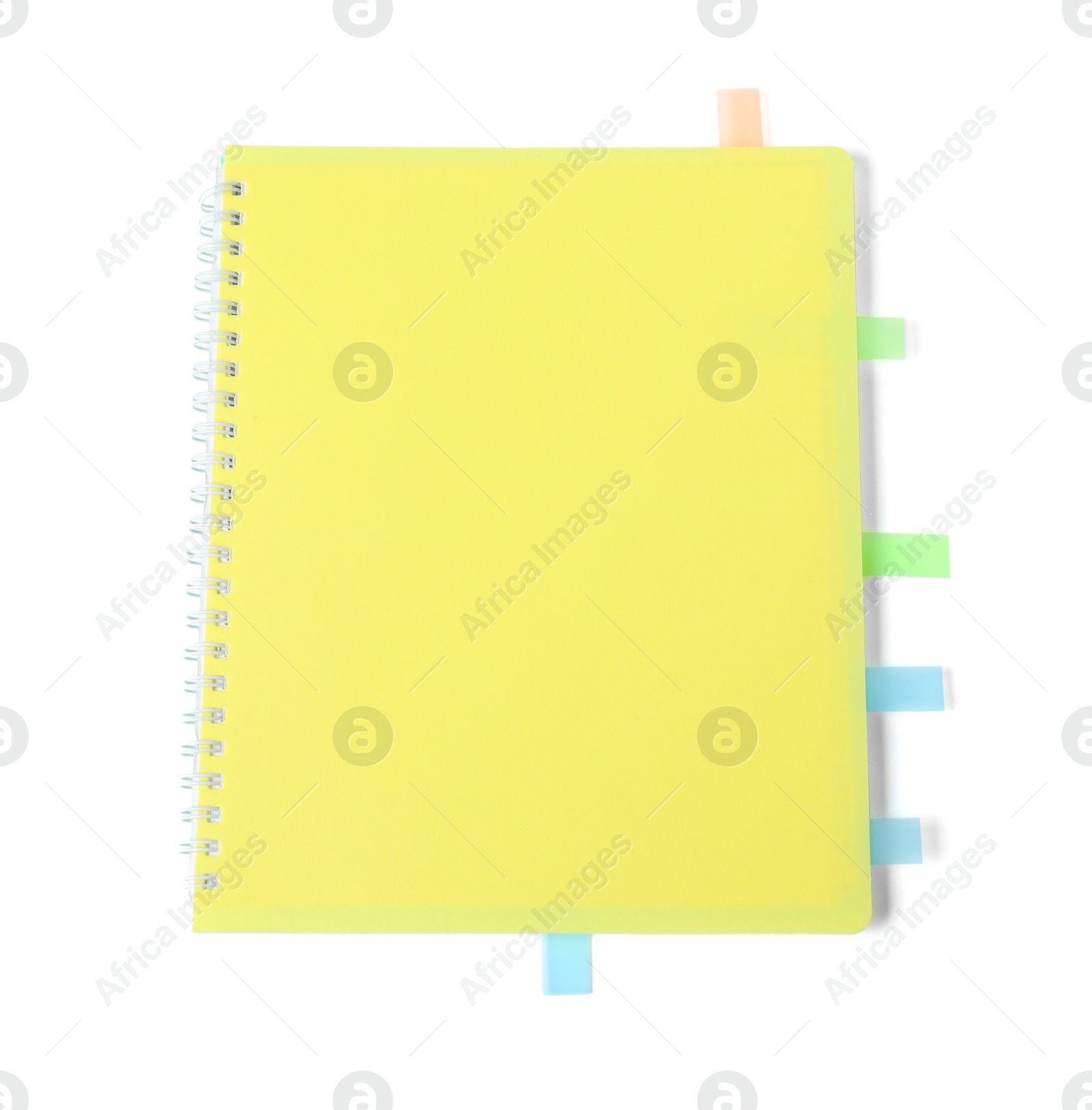 Photo of Notebook with colorful tabs isolated on white, top view