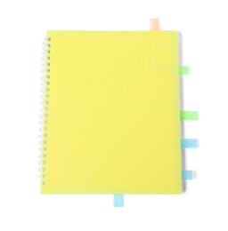 Photo of Notebook with colorful tabs isolated on white, top view