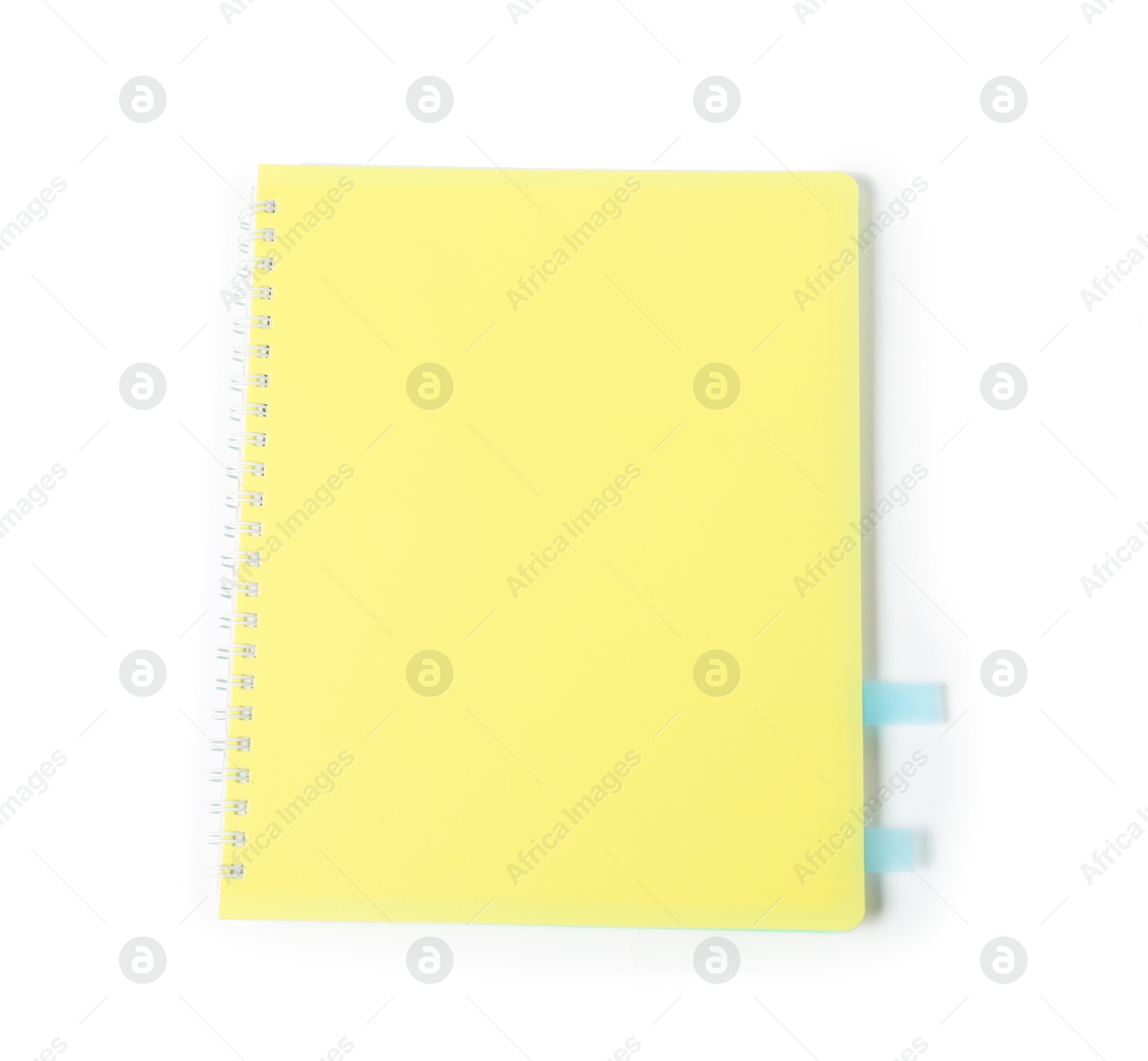 Photo of Notebook with colorful tabs isolated on white, top view