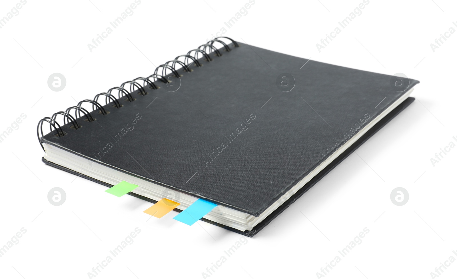 Photo of Notebook with colorful tabs isolated on white