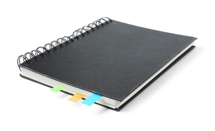 Photo of Notebook with colorful tabs isolated on white