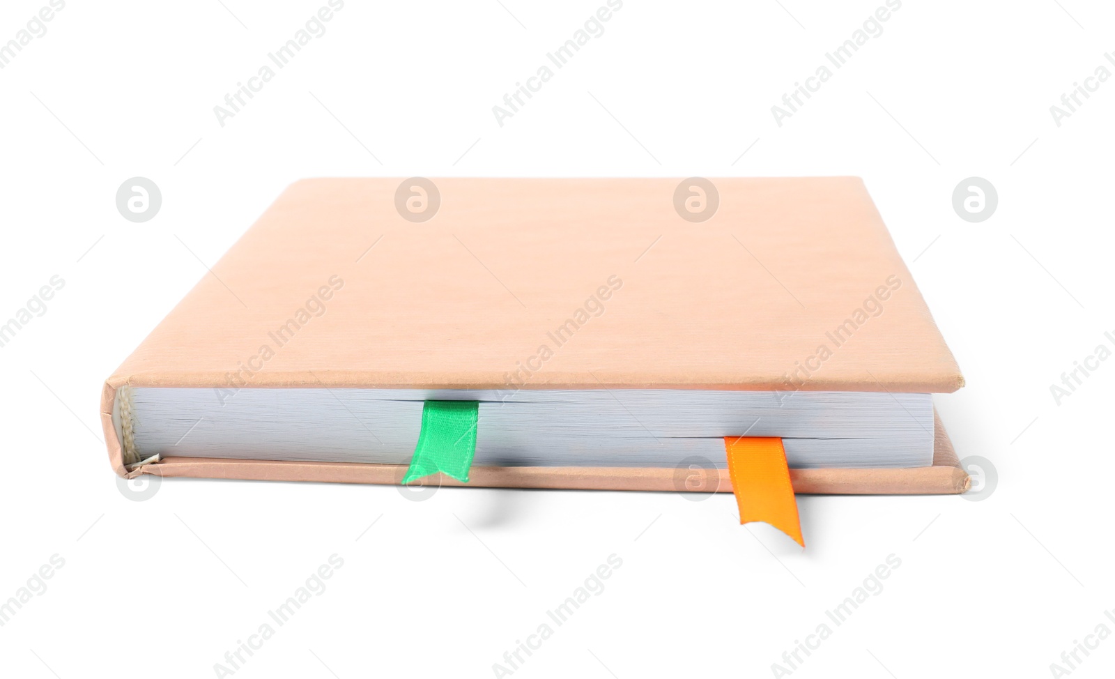 Photo of Book with ribbon bookmarks isolated on white